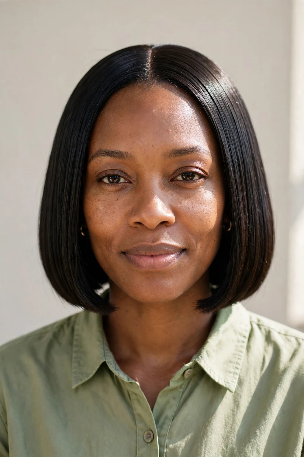 Black woman in her thirties with a silk-pressed straight sleek bob