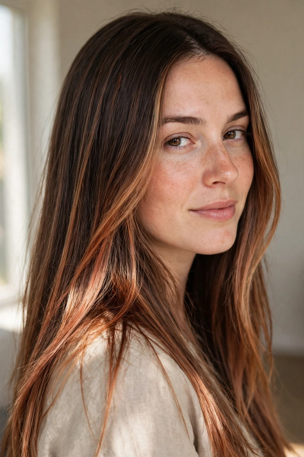 Long straight brunette hair with strawberry blonde balayage highlights