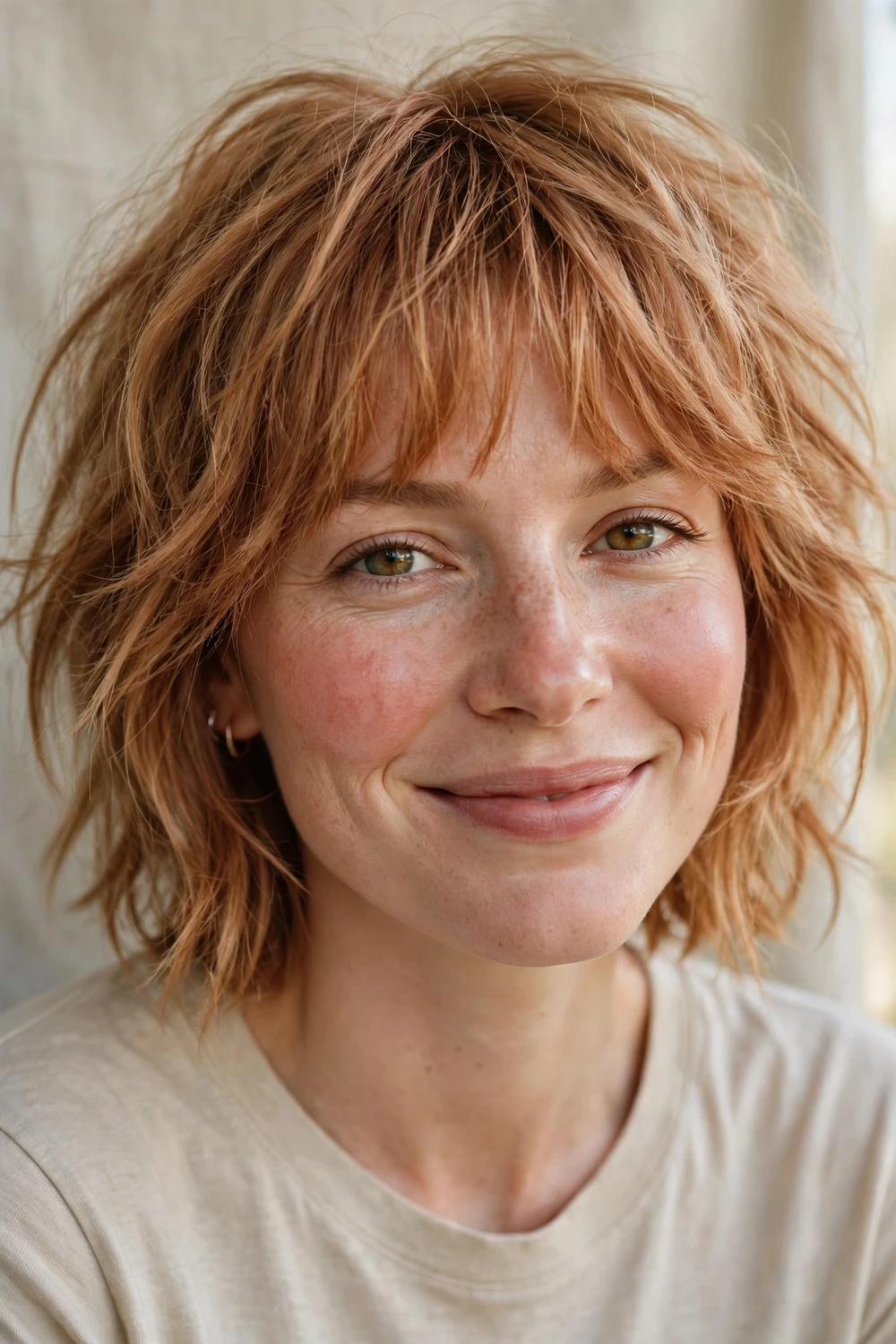 Strawberry blonde shaggy bob with textured bangs