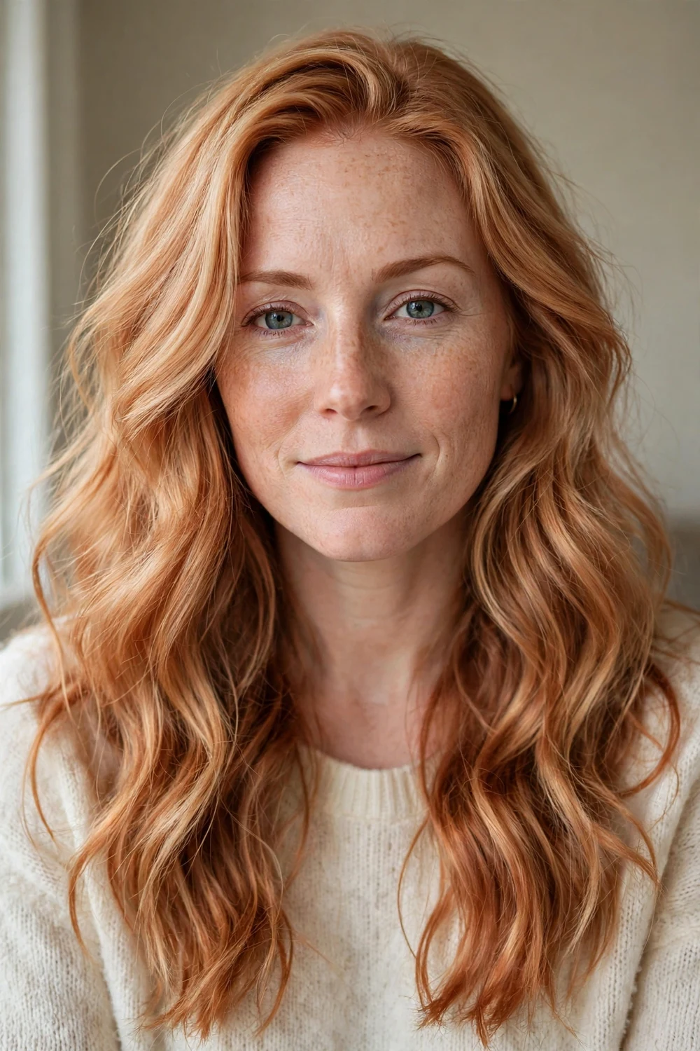 Strawberry copper blonde long wavy hair in a seamless hybrid color