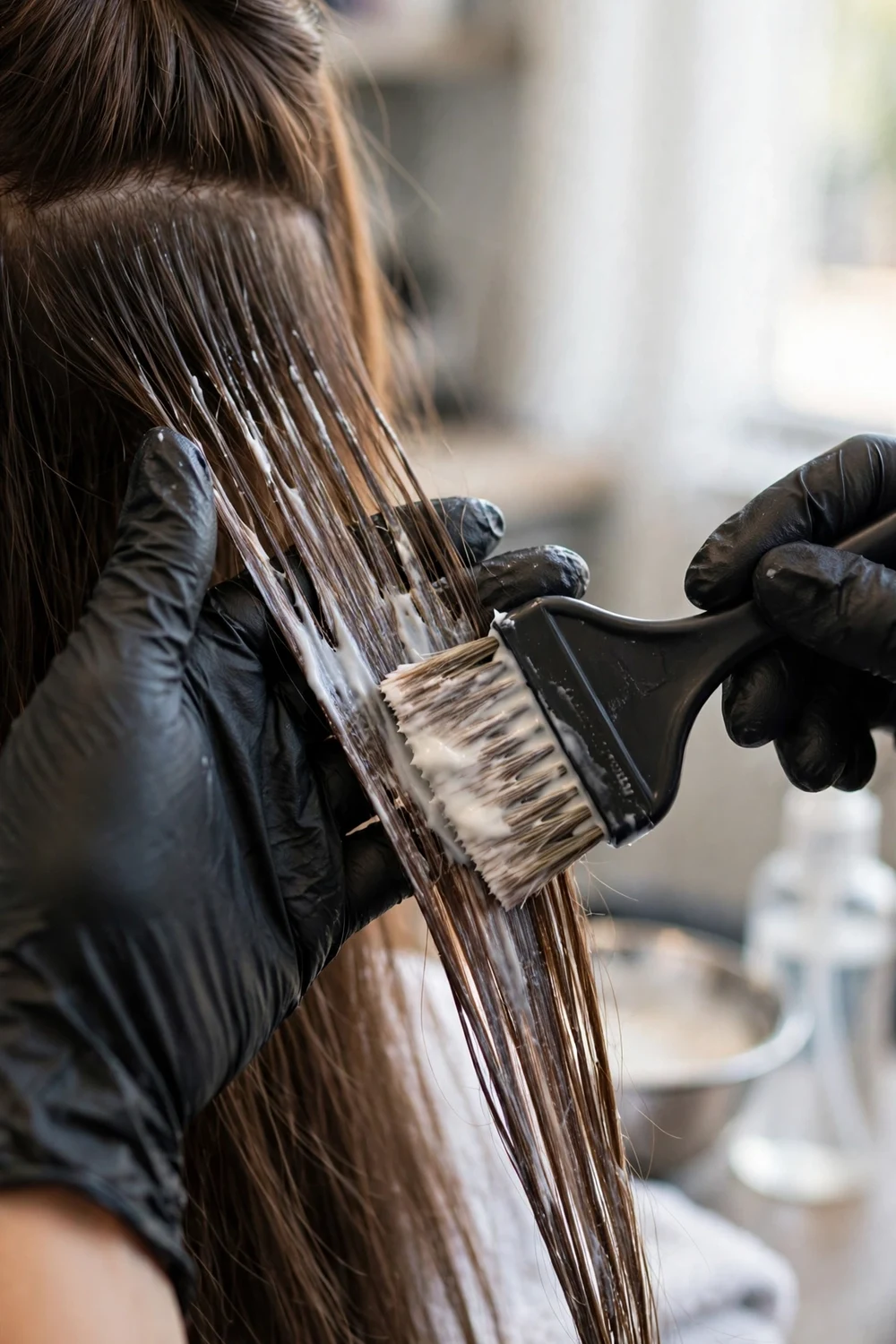 Stylist applying keratin smoothing solution section by section
