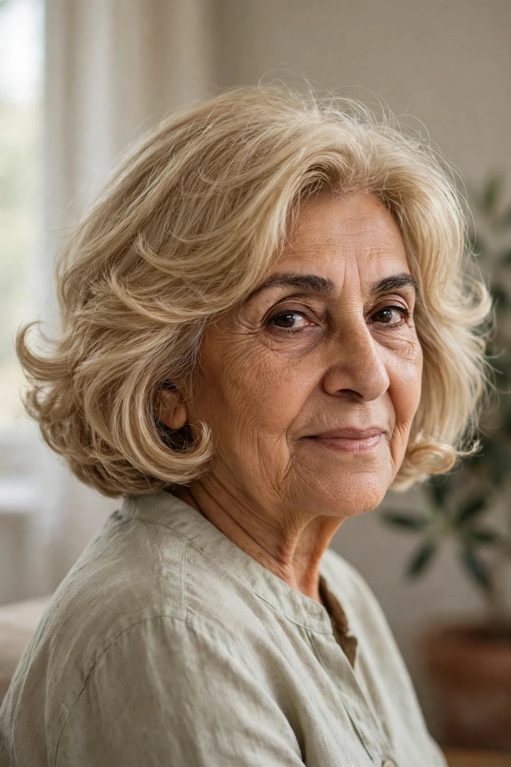 Subtle bounce bob with softly curled ends on a woman over 60