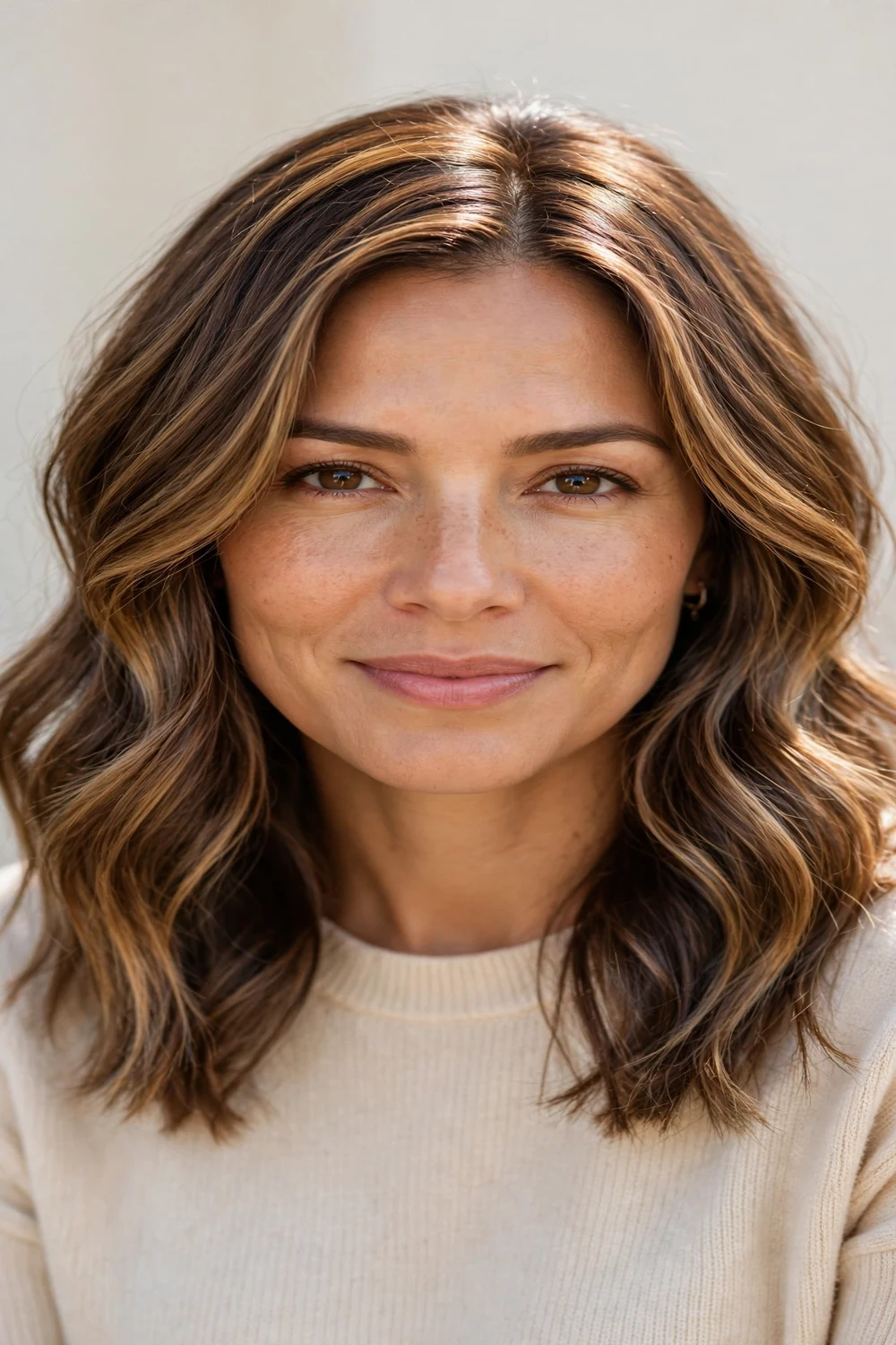 Woman with subtle caramel partial balayage, soft warm dimension
