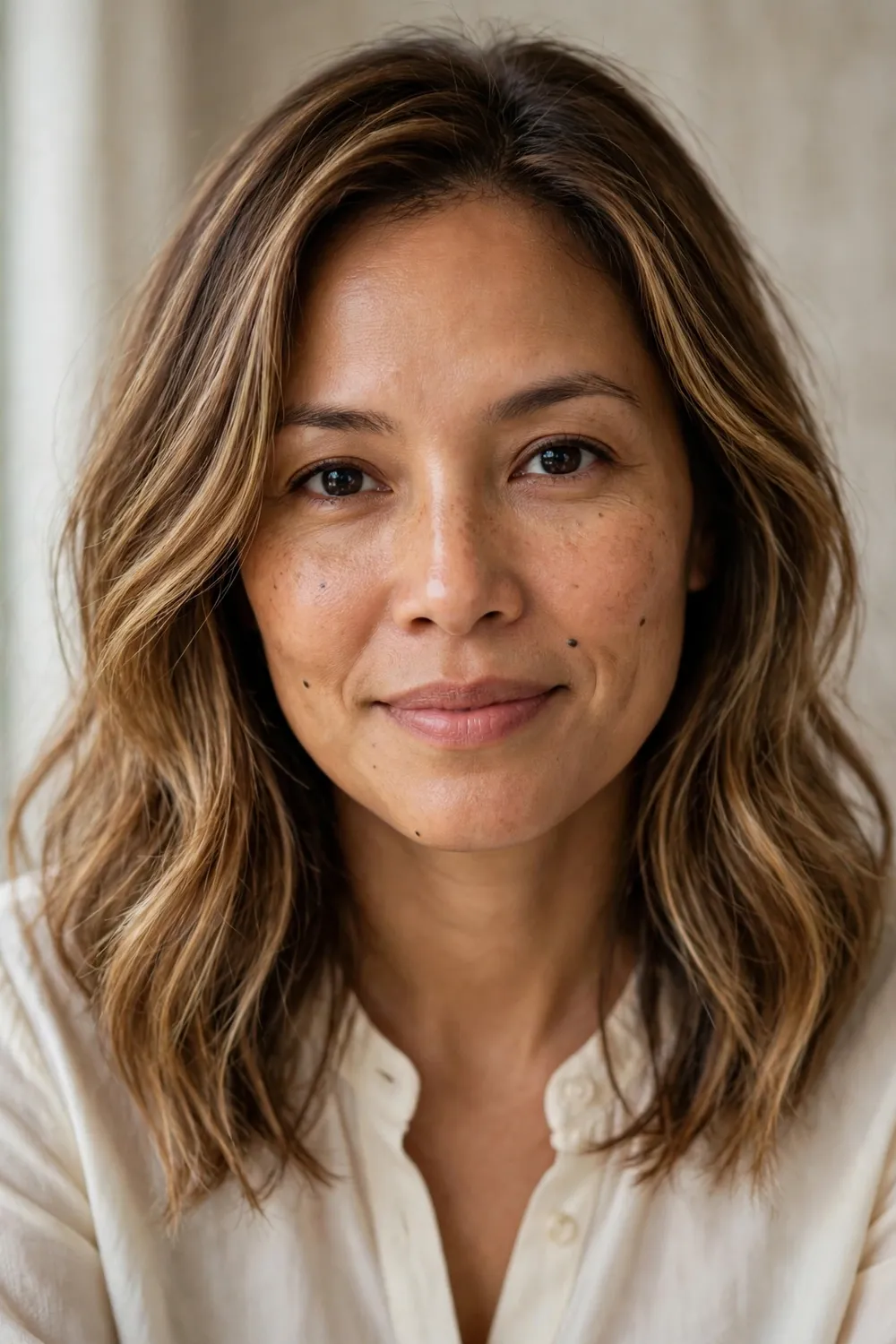 Natural medium brown hair with subtle honey blonde balayage tones