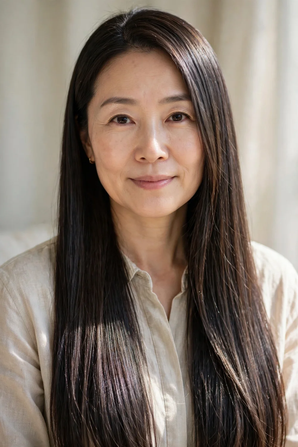 Woman with subtle icy cool brown highlights on sleek dark brown hair, natural daylight