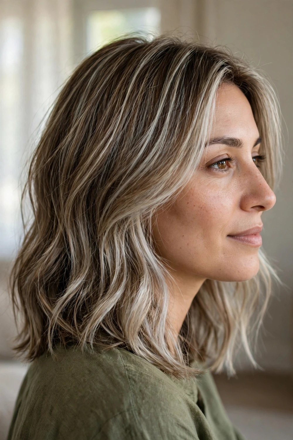 Woman with subtle ice brown hair with cool icy blonde highlights through brown layers