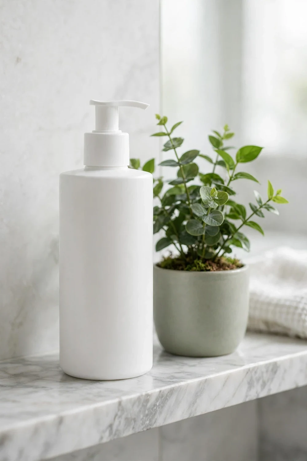 Lightweight sulfate-free shampoo bottle for oily hair on a bathroom shelf