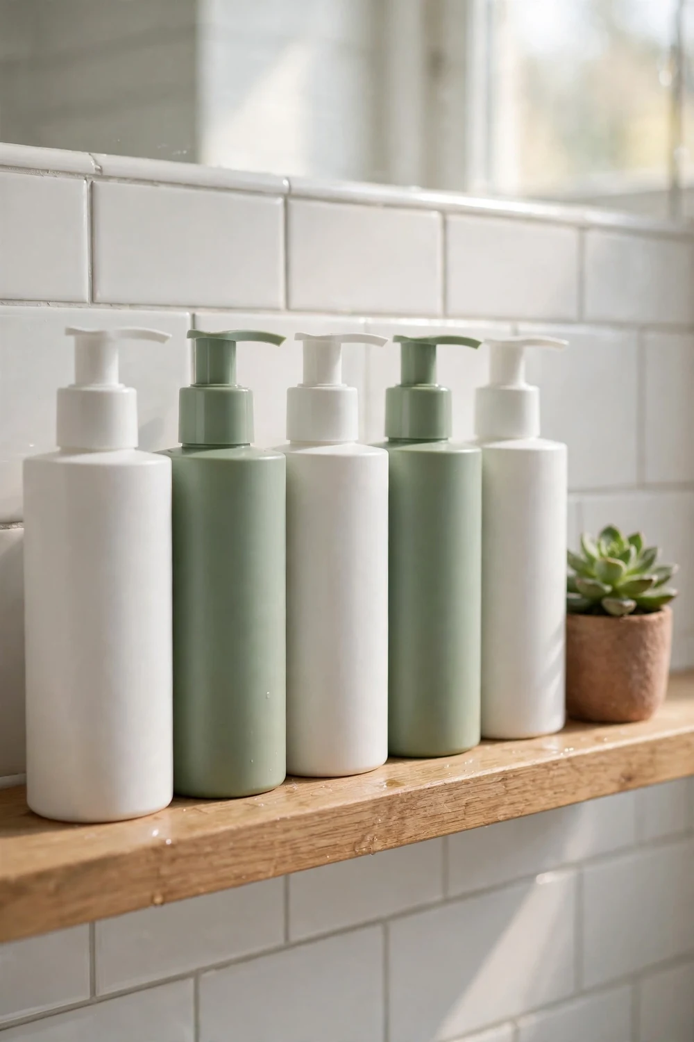 Sulfate-free shampoo bottles lined up on a bathroom shelf
