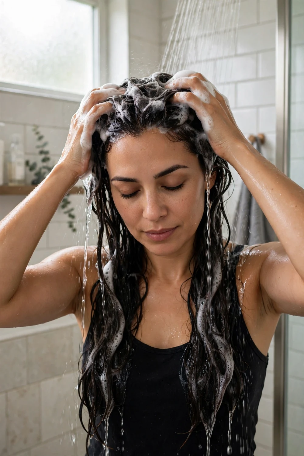 Woman gently washing her hair with sulfate-free shampoo in the shower