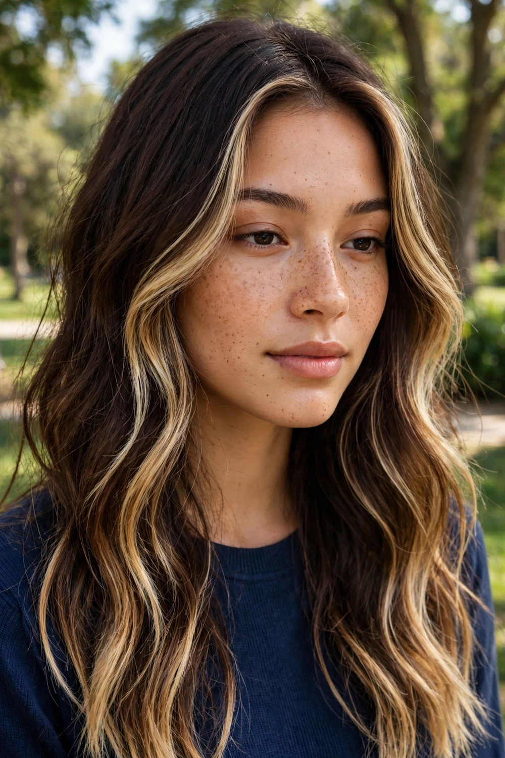Woman with long dark brown hair and sun-kissed blonde balayage concentrated at the tips