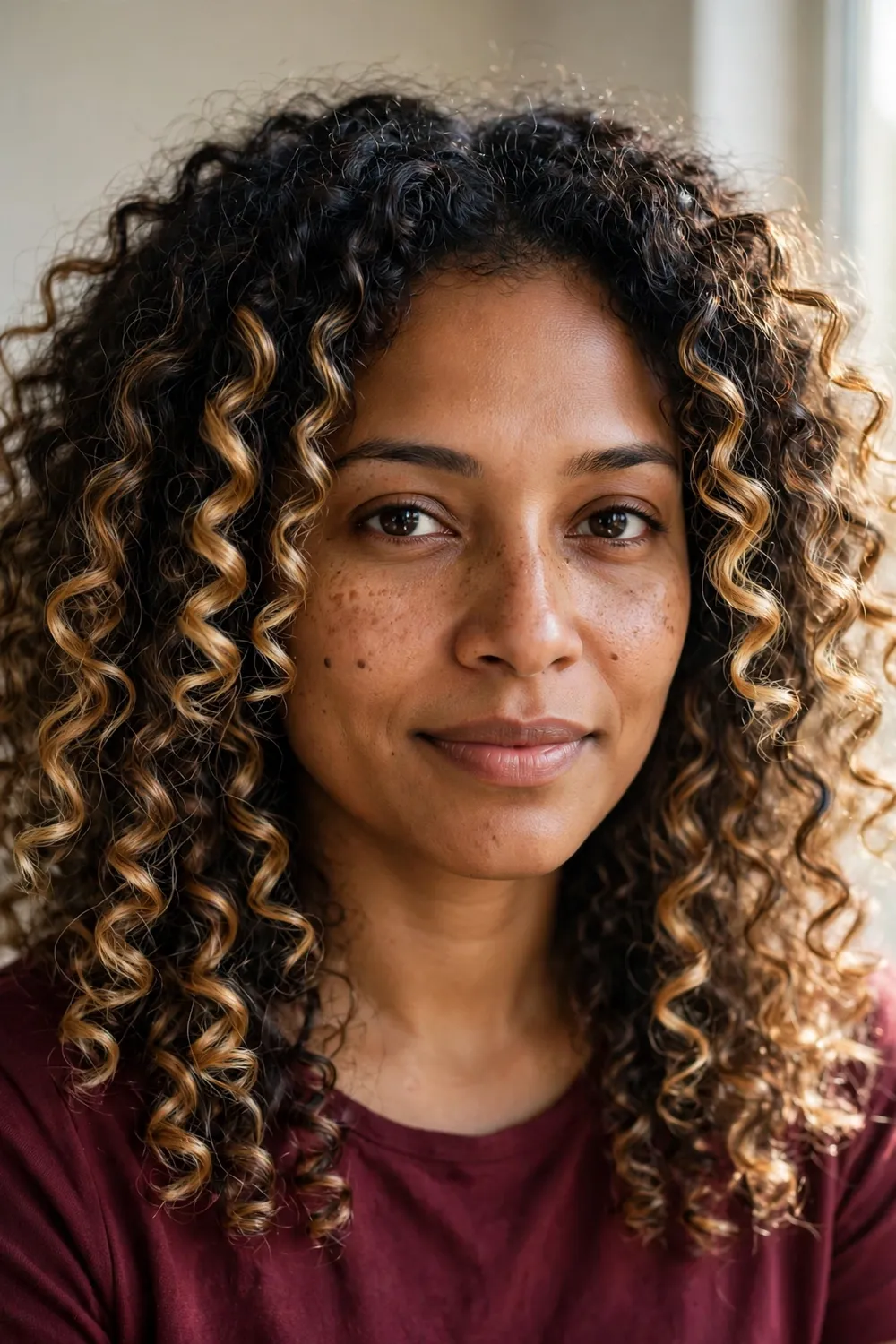 Natural curly hair with honey blonde balayage painted on the outer curl surfaces