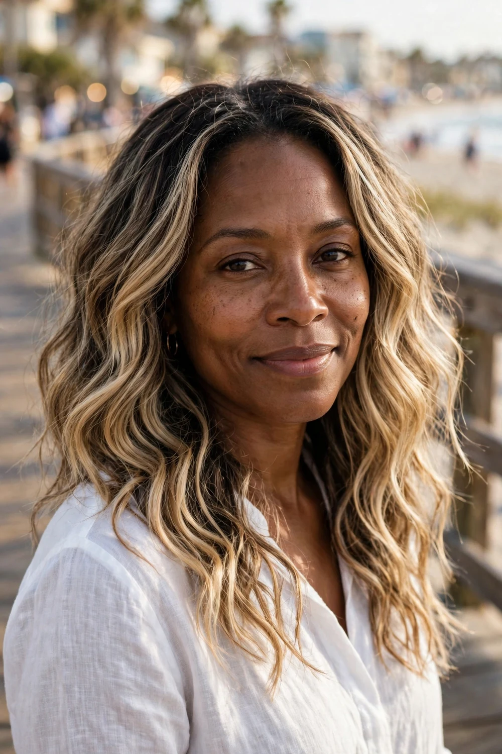 Black woman in her early 40s with long wavy dirty blonde hair and sun-kissed balayage with lighter blonde pieces through the mid-lengths and ends