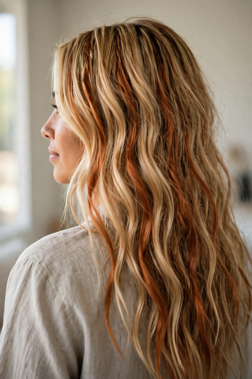 Sun-kissed blonde long hair with warm copper ribbons painted through