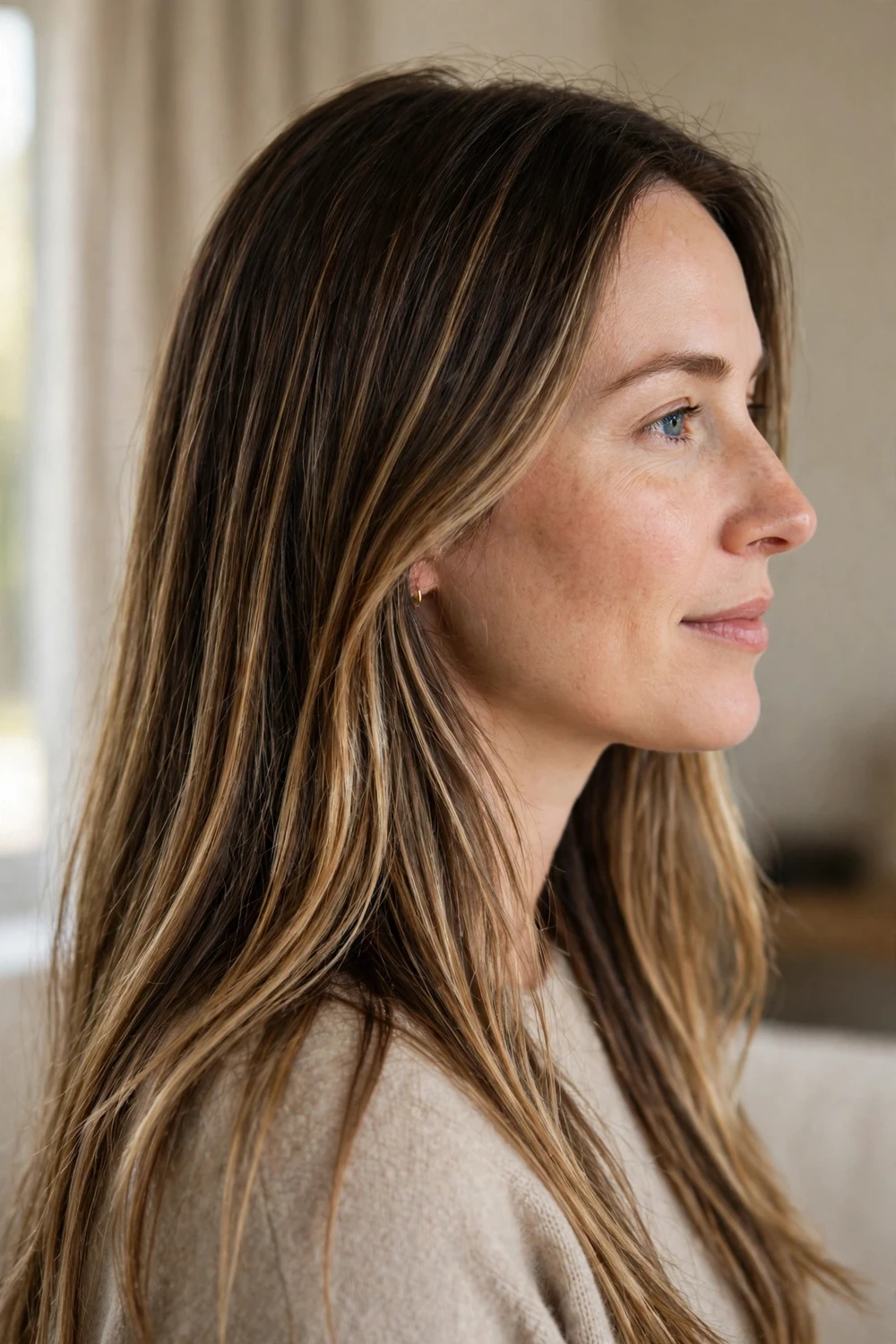 Long straight brunette hair with subtle sun-kissed honey balayage streaks
