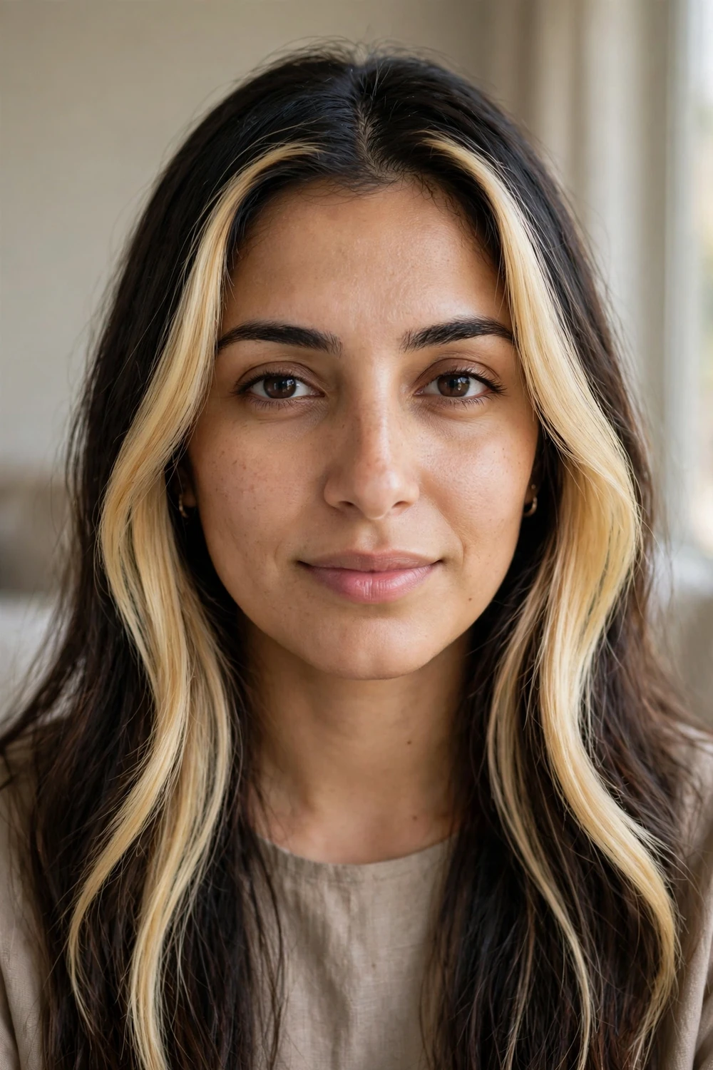 Dark roots with bright face-framing blonde money piece highlights