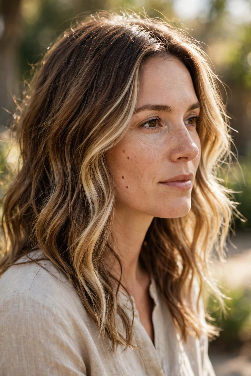 Woman with sun-kissed blonde balayage, natural light blonde pieces on brown hair like lightened by the sun
