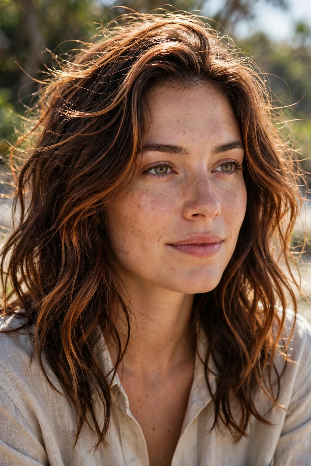 Woman with sunkissed copper highlights, natural sun-lightened copper strands