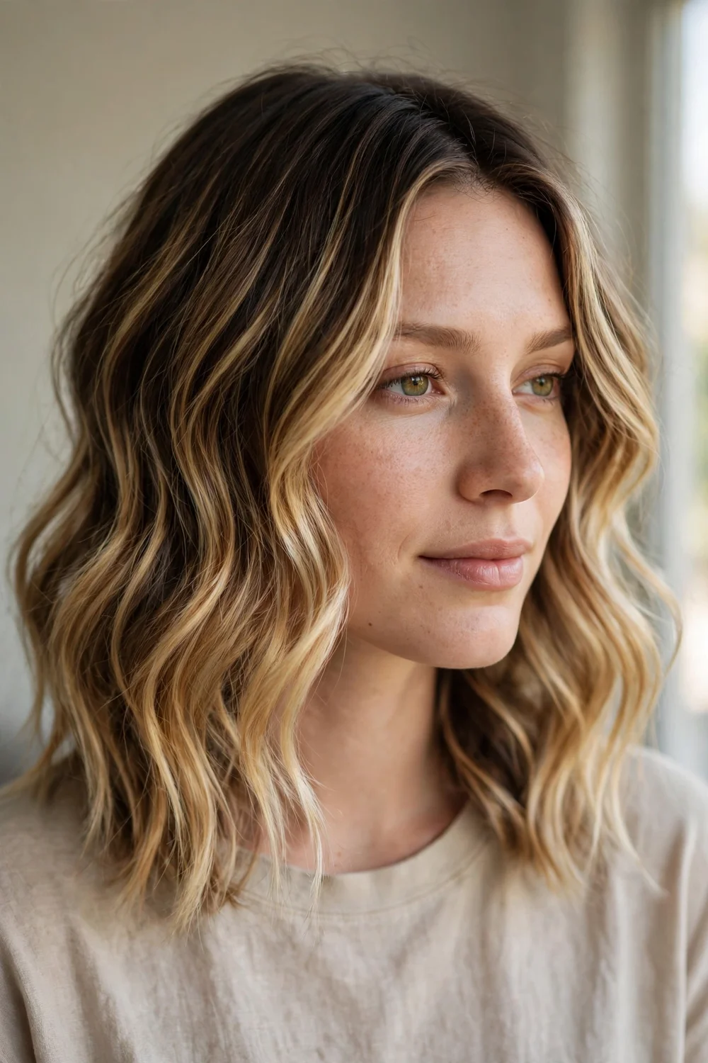 Woman with sun-kissed honey blonde balayage highlights on a wavy lob