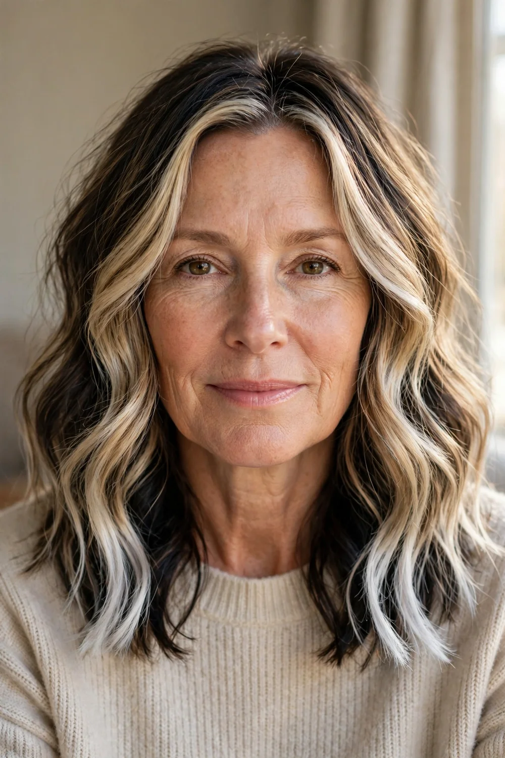 Woman with sunny winter frost blonde balayage and dark lowlights