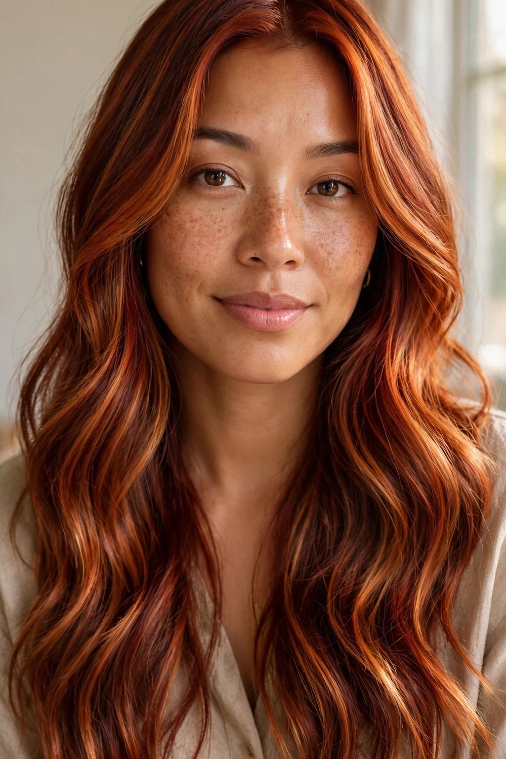 Sunset blaze cowboy copper balayage with red base and copper highlights