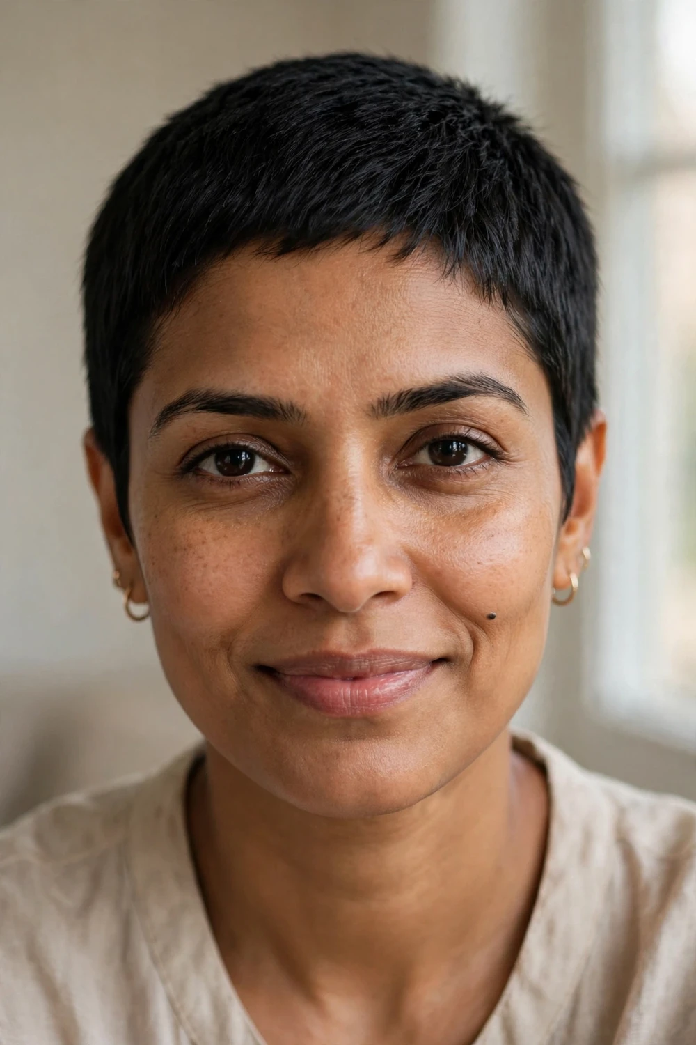 Very short buzzed pixie cut, clipper short all over