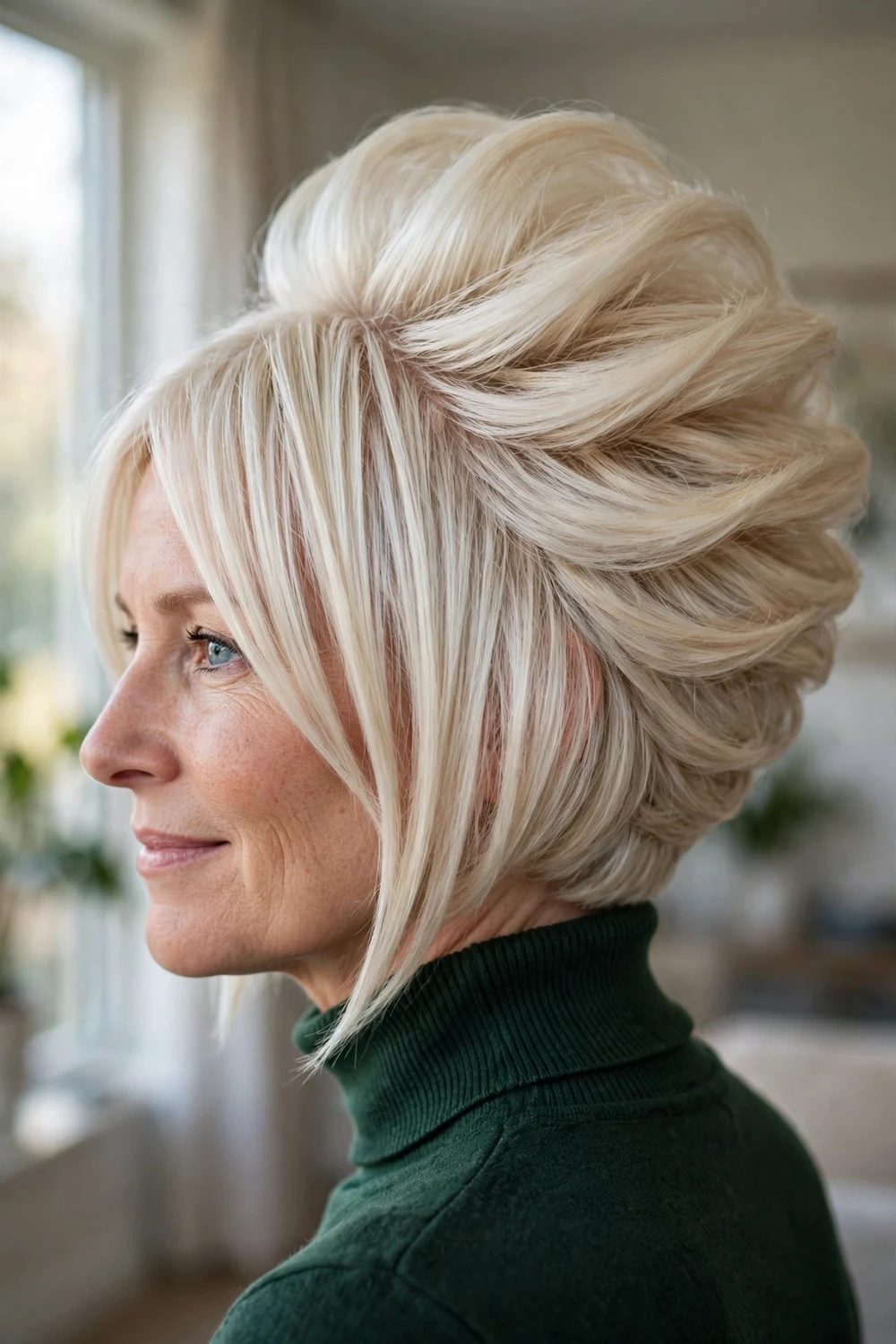 Very short super stacked angled bob with high volume at the crown
