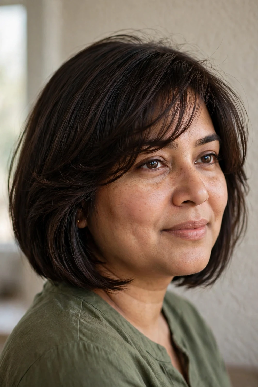Woman with round face wearing a chin-length bob with soft feathering and airy sweep bangs