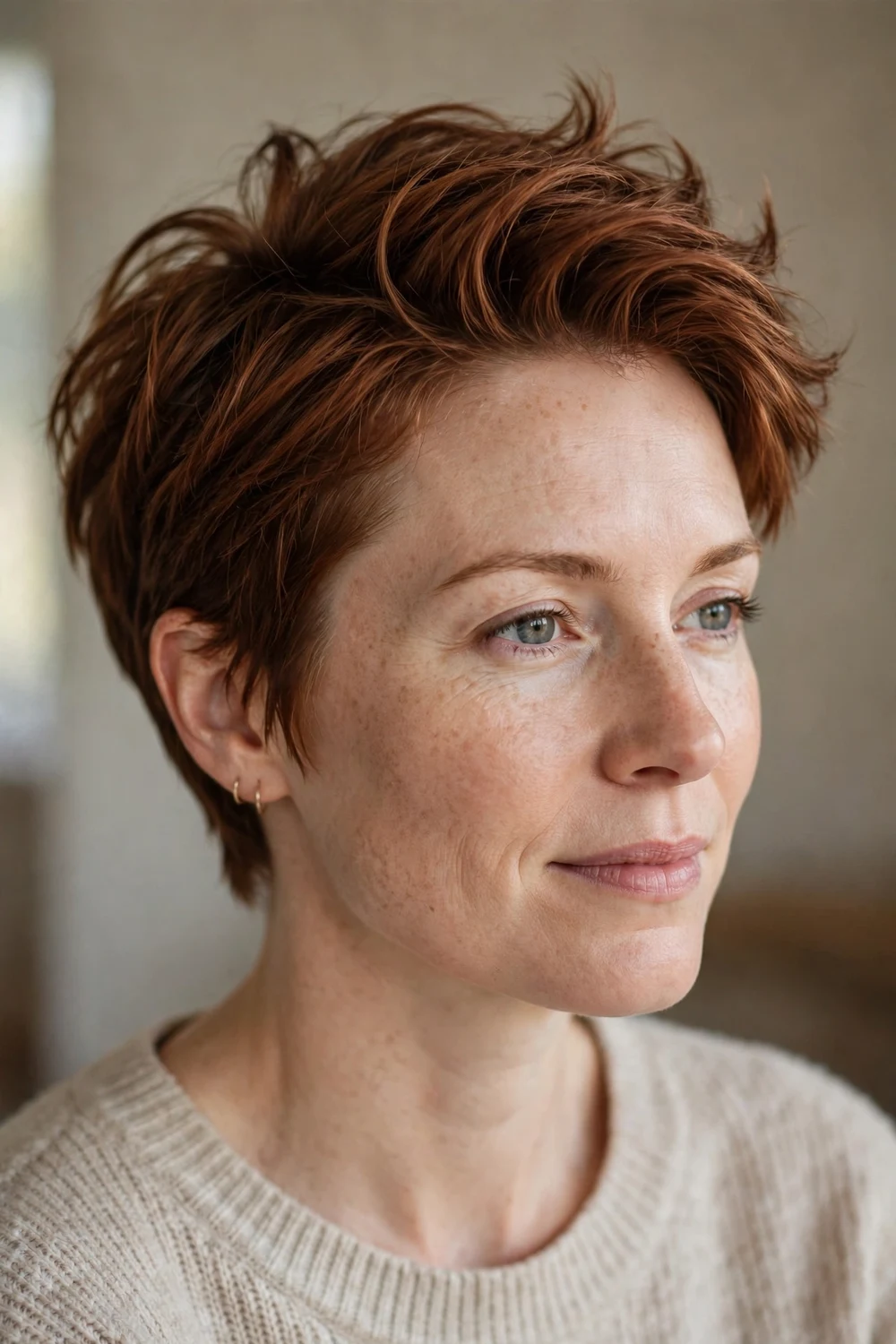Swept-back choppy pixie with longer top layers brushed toward the back
