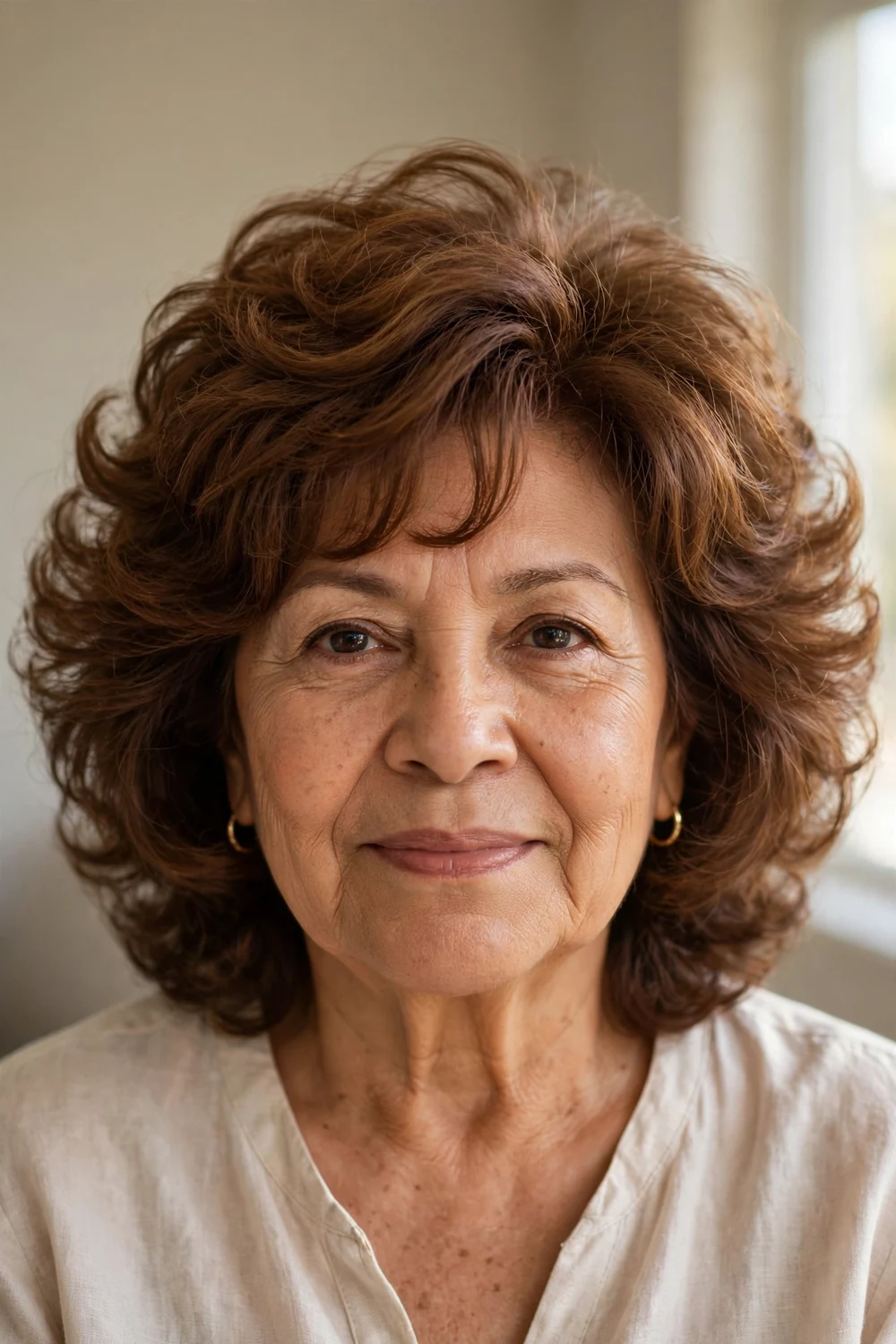 Woman over 60 with swept-back layered curls