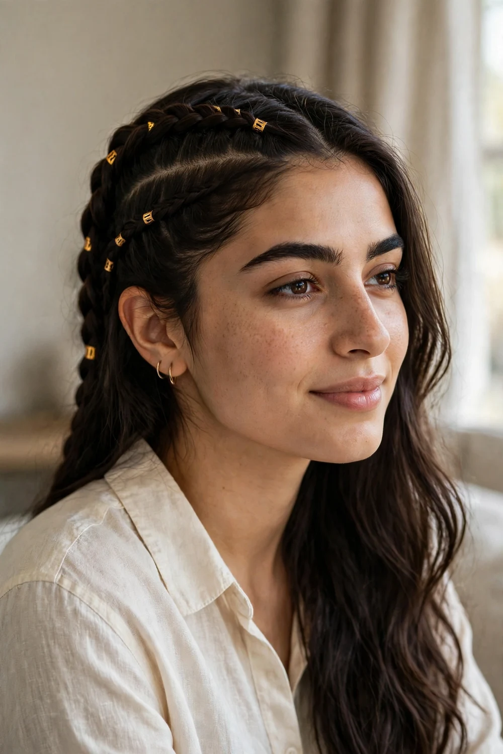 Swoop braid with small gold hair cuffs across the side