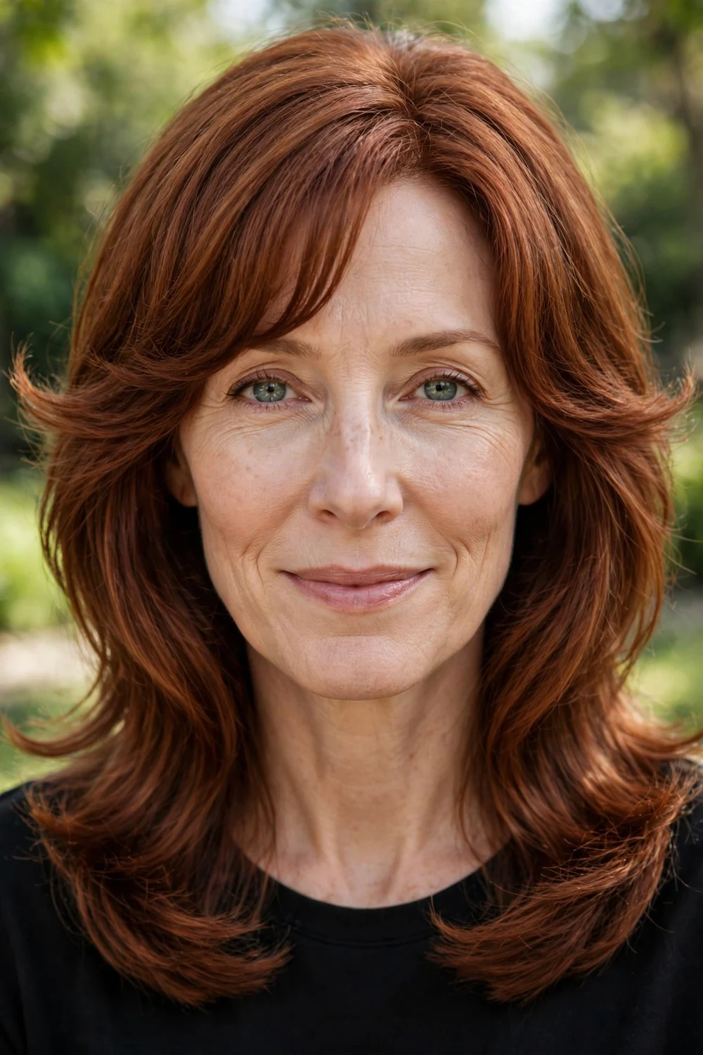 Woman with a long oval face wearing a two-layer cut with swoopy front strands curving away from the face