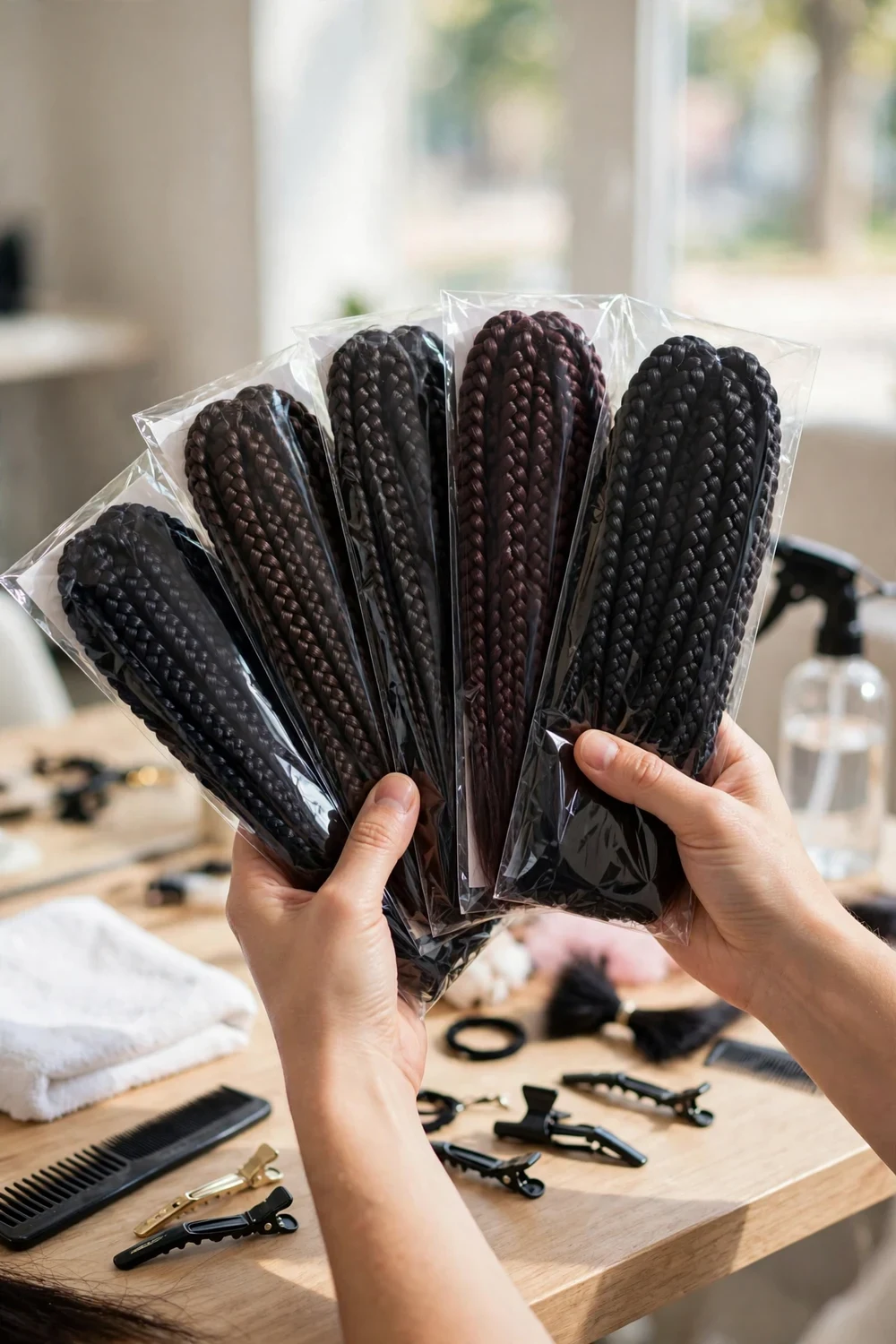 Hands holding packs of synthetic braiding hair showing the fiber before installation