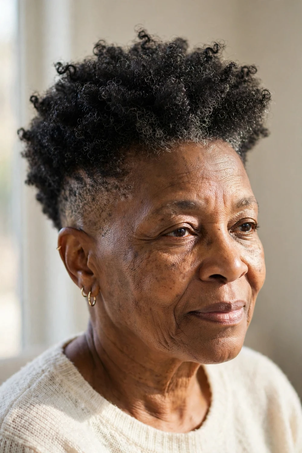 Older Black woman with a tapered afro, short sides and full curly crown