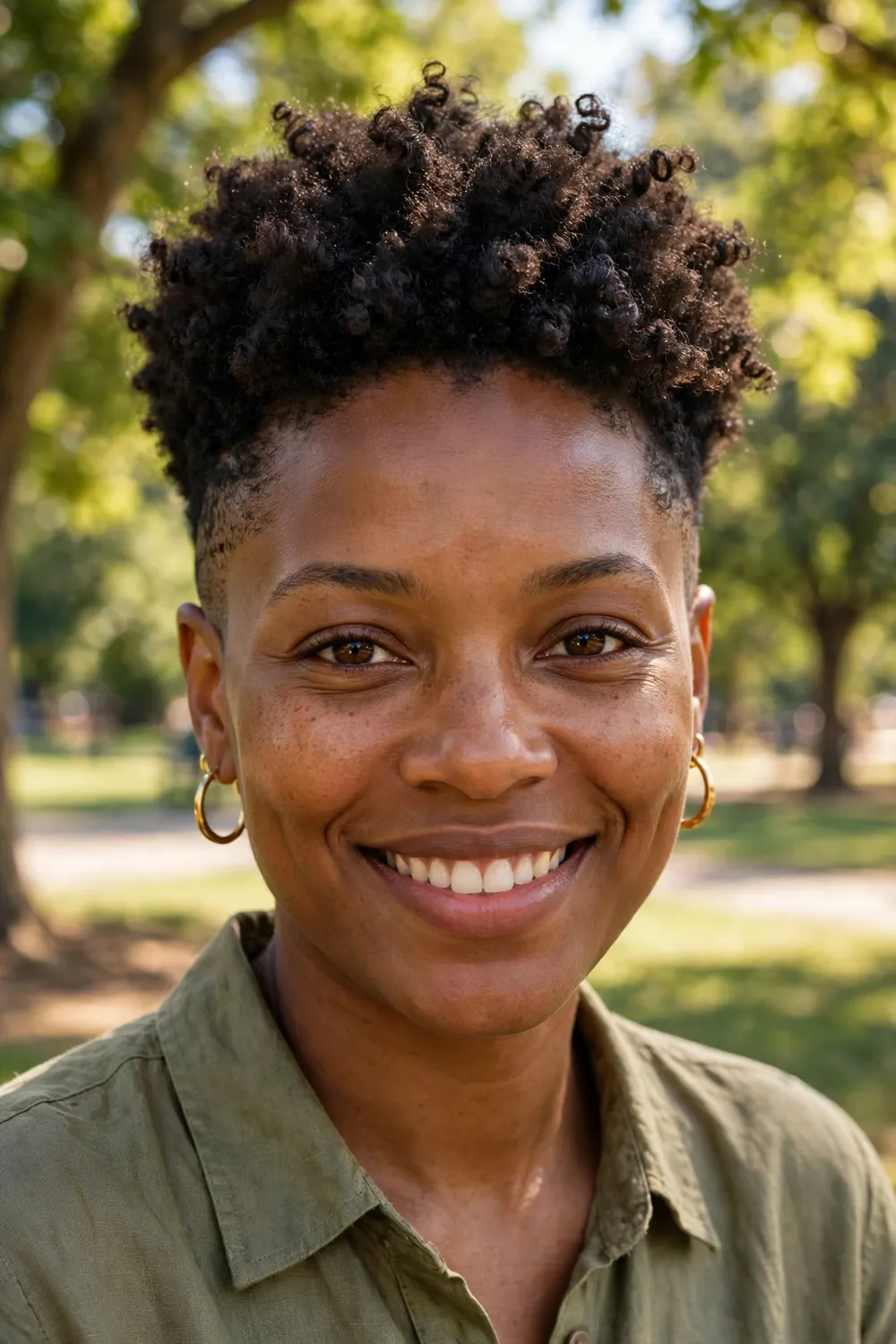 Black woman with a short tapered afro, faded sides and full coils on top