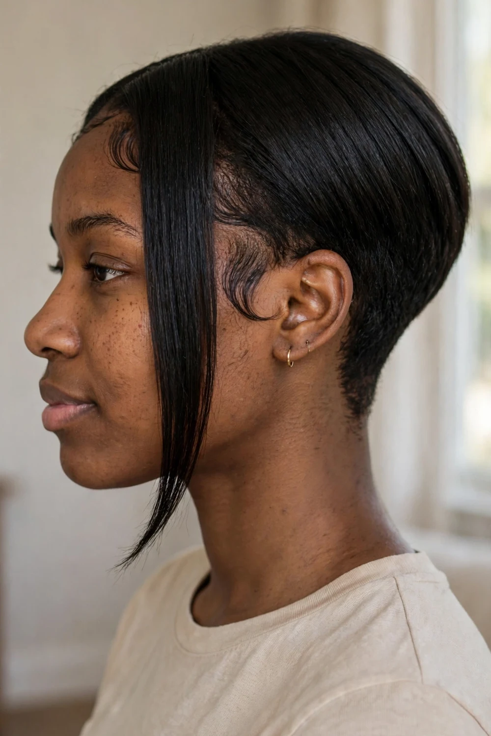 Black woman with tapered asymmetrical bob, elongated front panel, and swooped laid edges