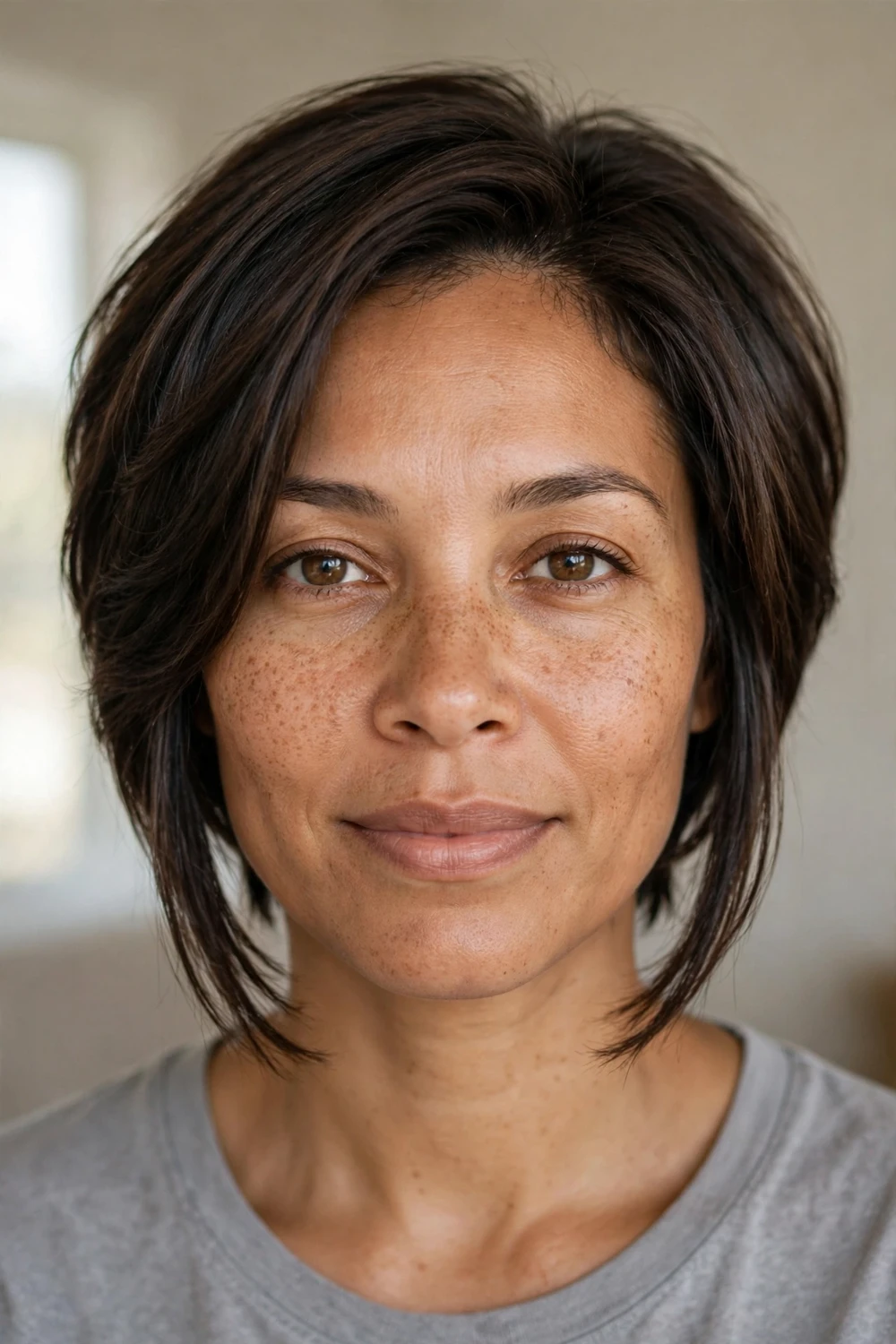 Woman with dark brown hair in a tapered bob with long face-framing front pieces
