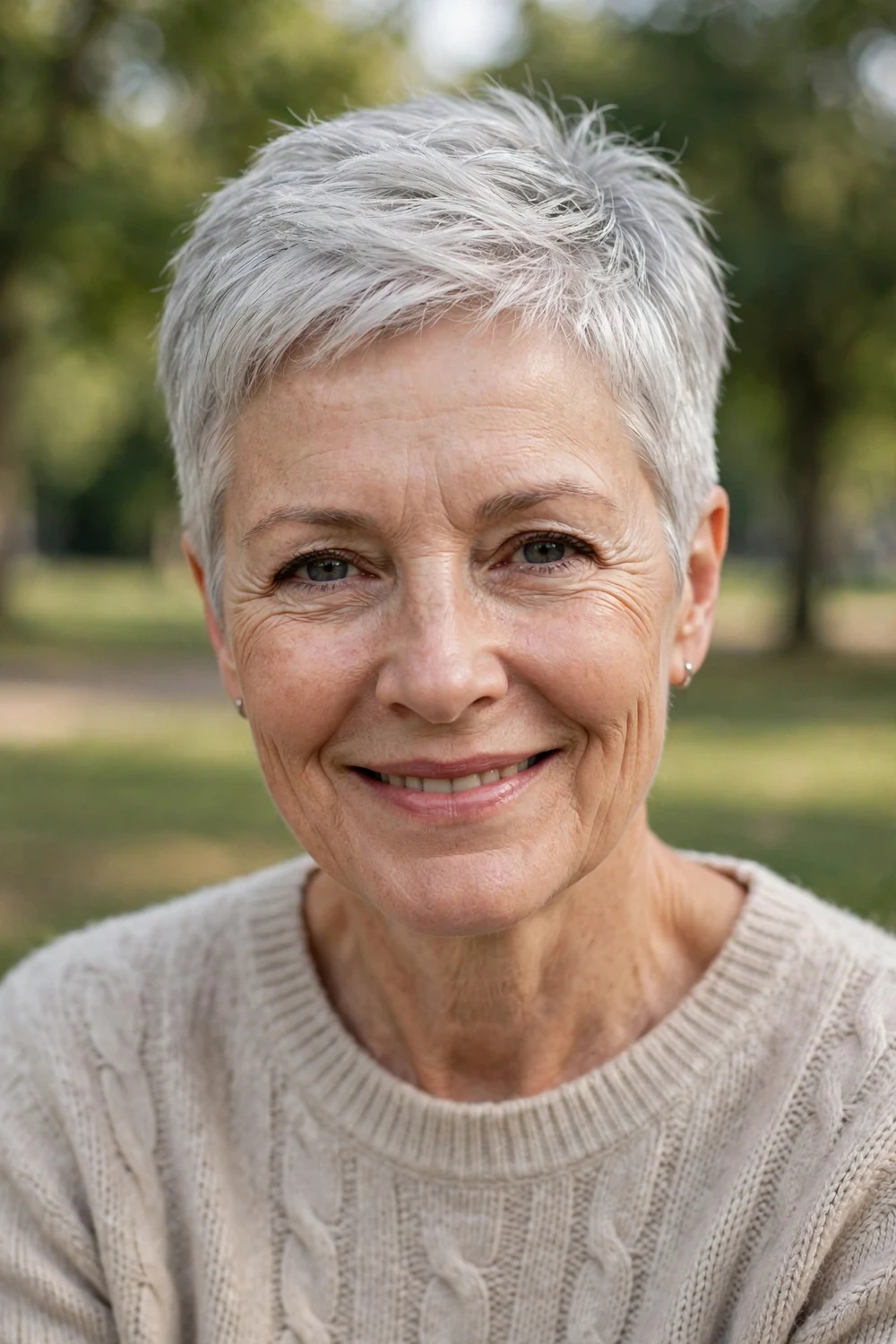 White woman in her mid 60s with a tapered silver crop with subtle texture in a park