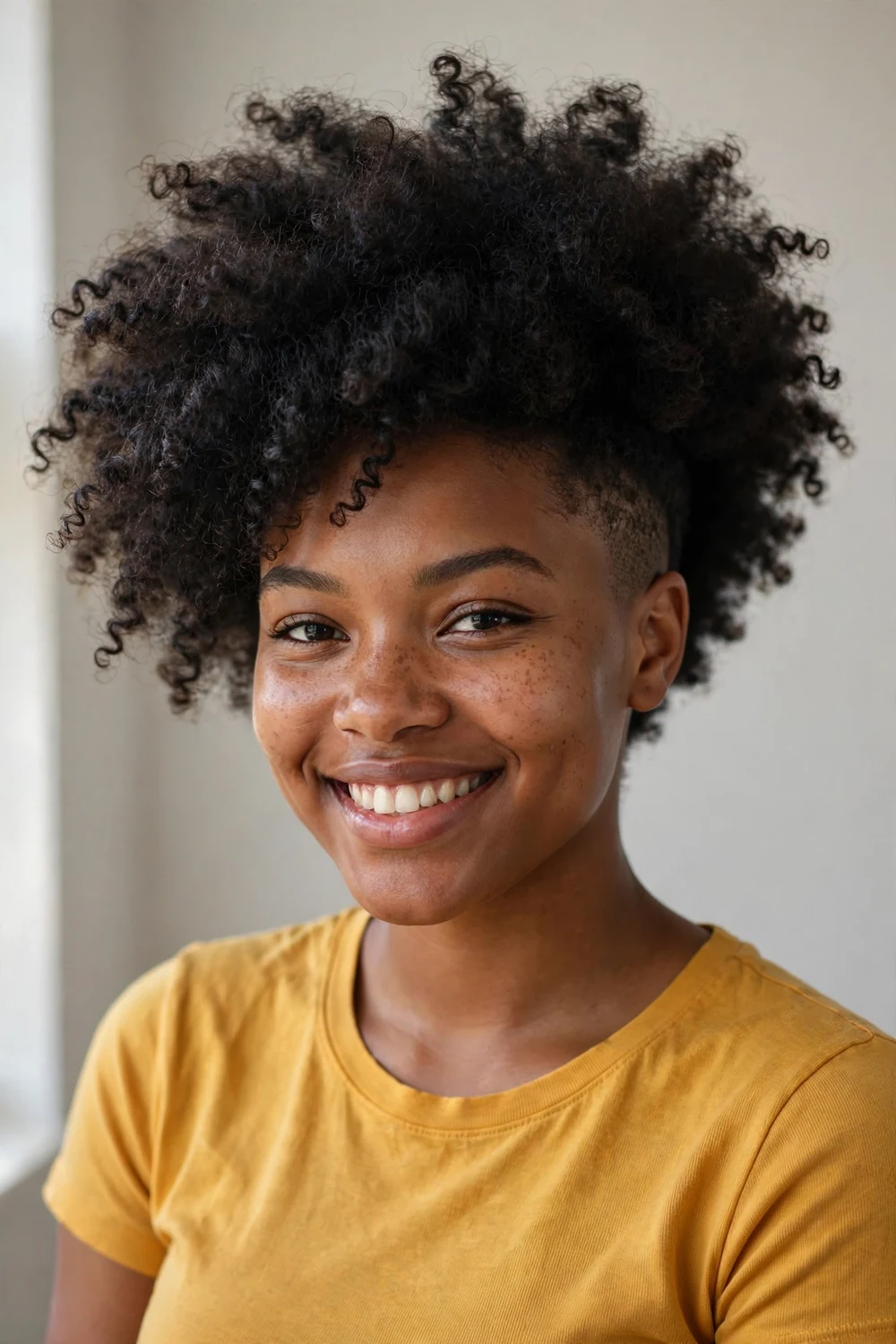 Black woman in her mid-20s with a tapered curly afro, full voluminous curls on top and neatly faded sides