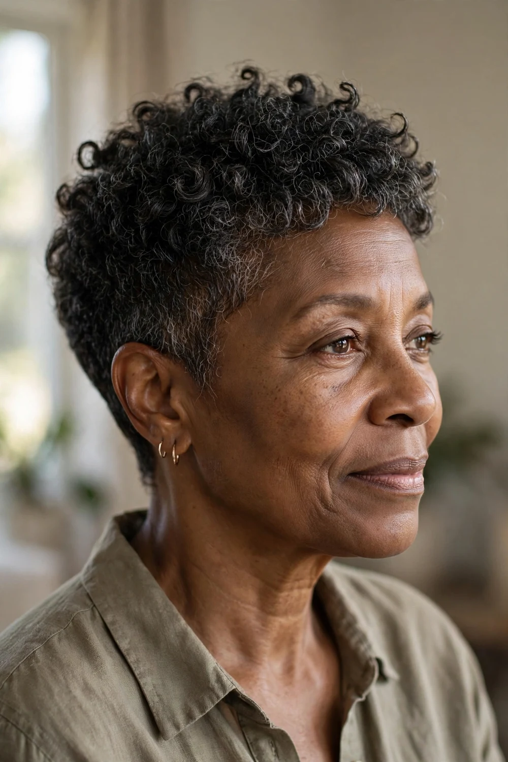 Tapered curly pixie on a woman in her late 50s