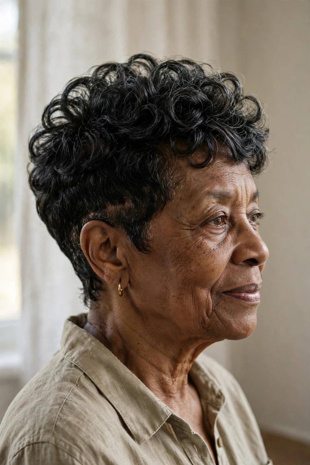 Woman over 60 with a tapered curly pixie