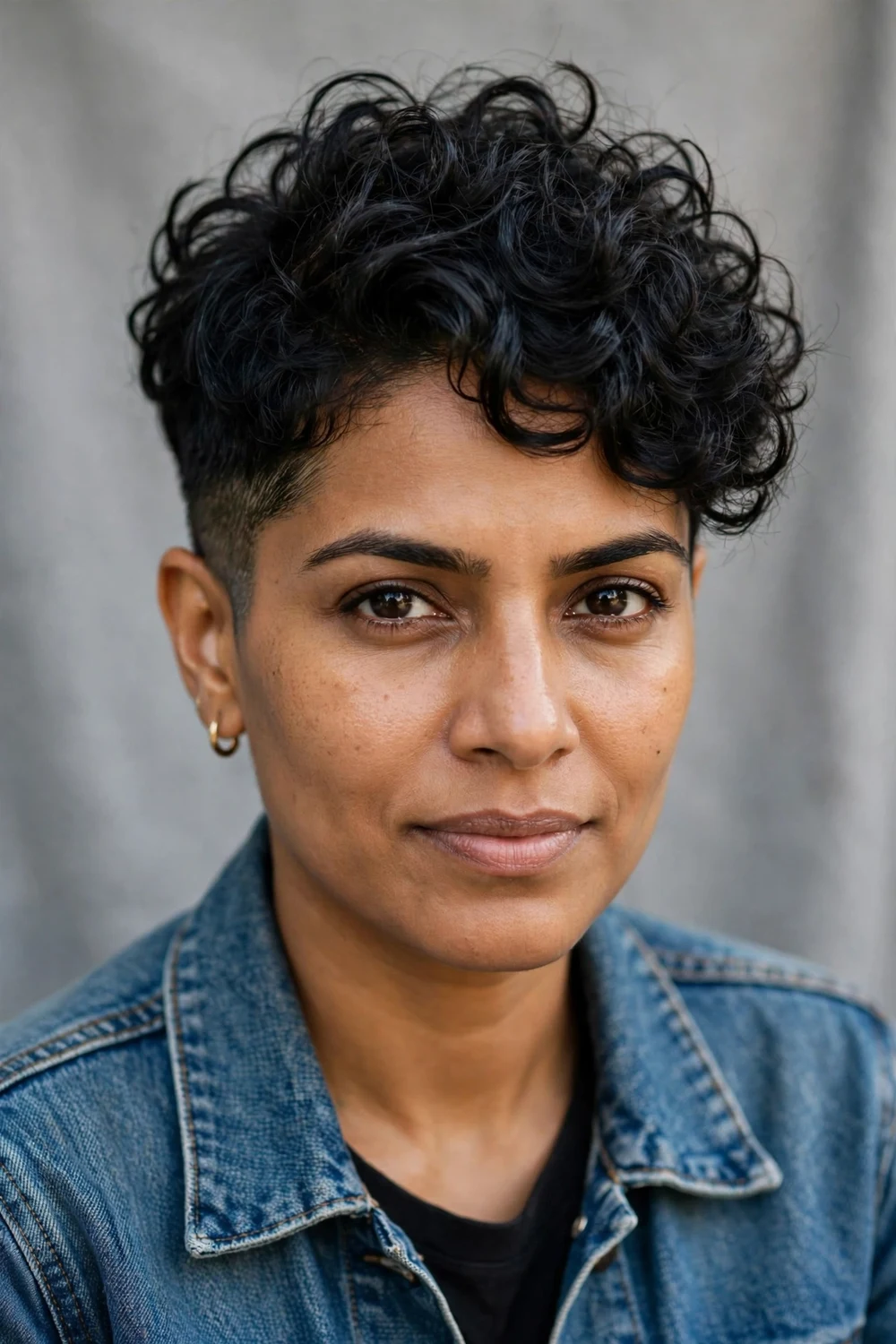 Woman with an oval face wearing a tapered curly pixie with closely clipped sides and long coils on top