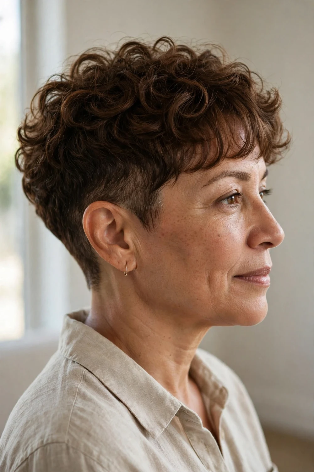 Tapered curly pixie with bangs and close sides