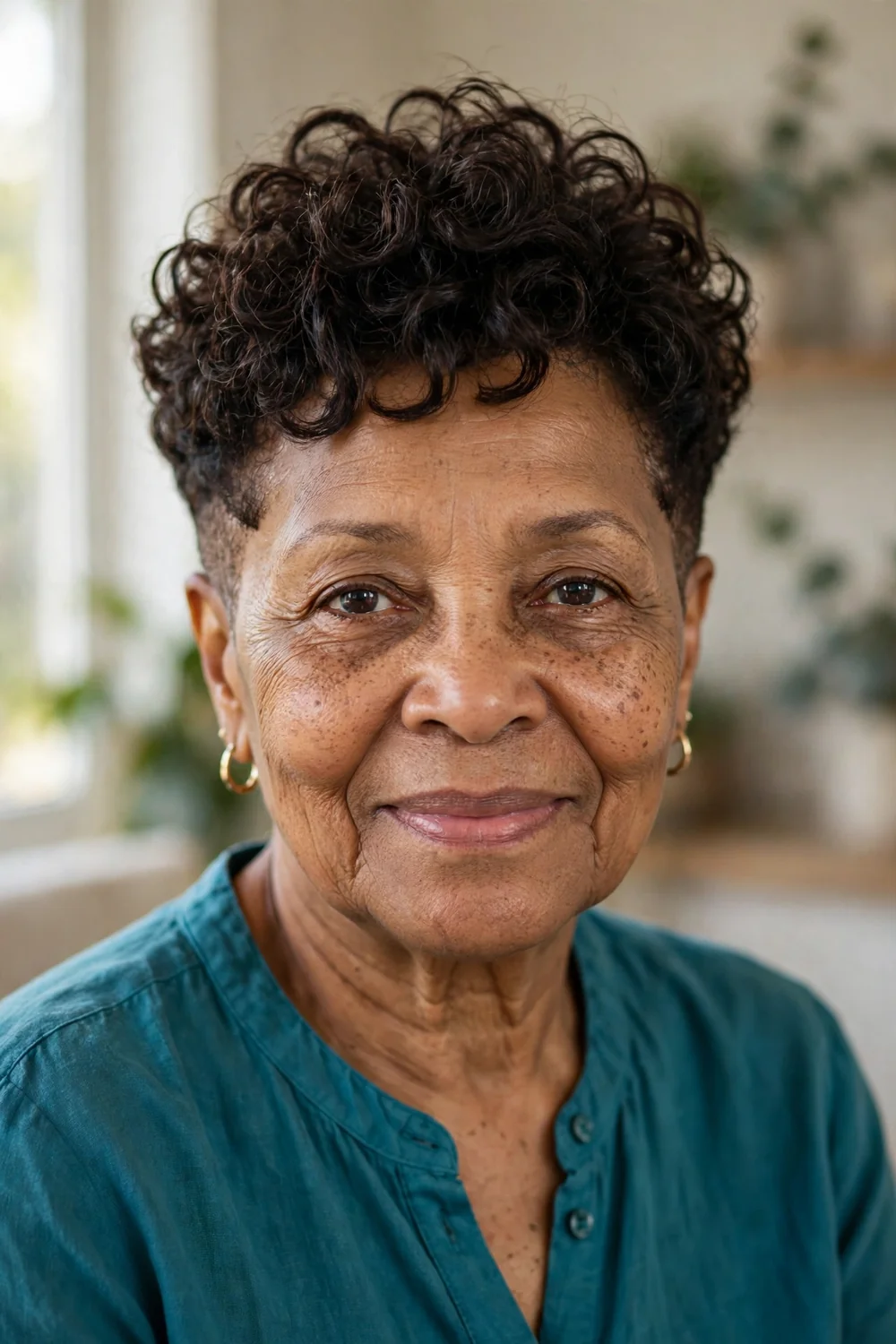 Tapered curly pixie with neat sides and full bouncy crown on woman over 60