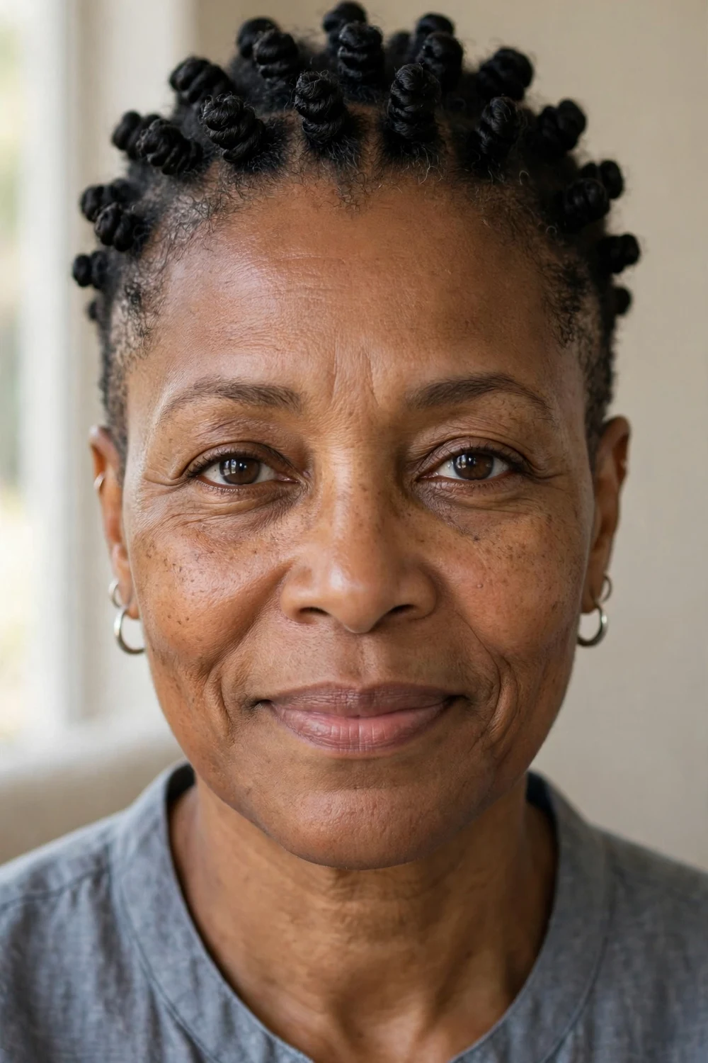 Older Black woman with a tapered cut styled into finger coils