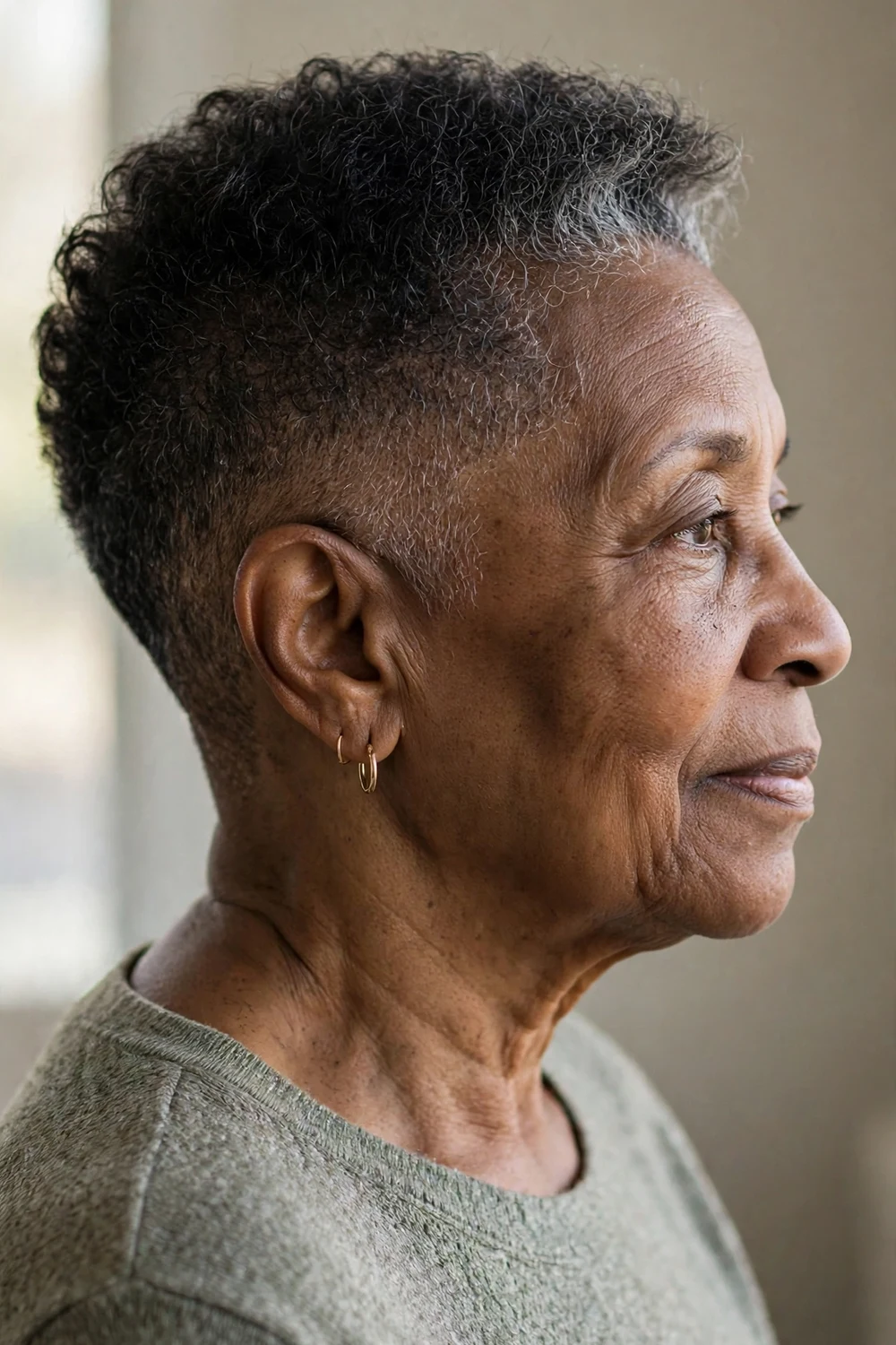 Woman over 60 with tapered cut with short sides and longer textured top