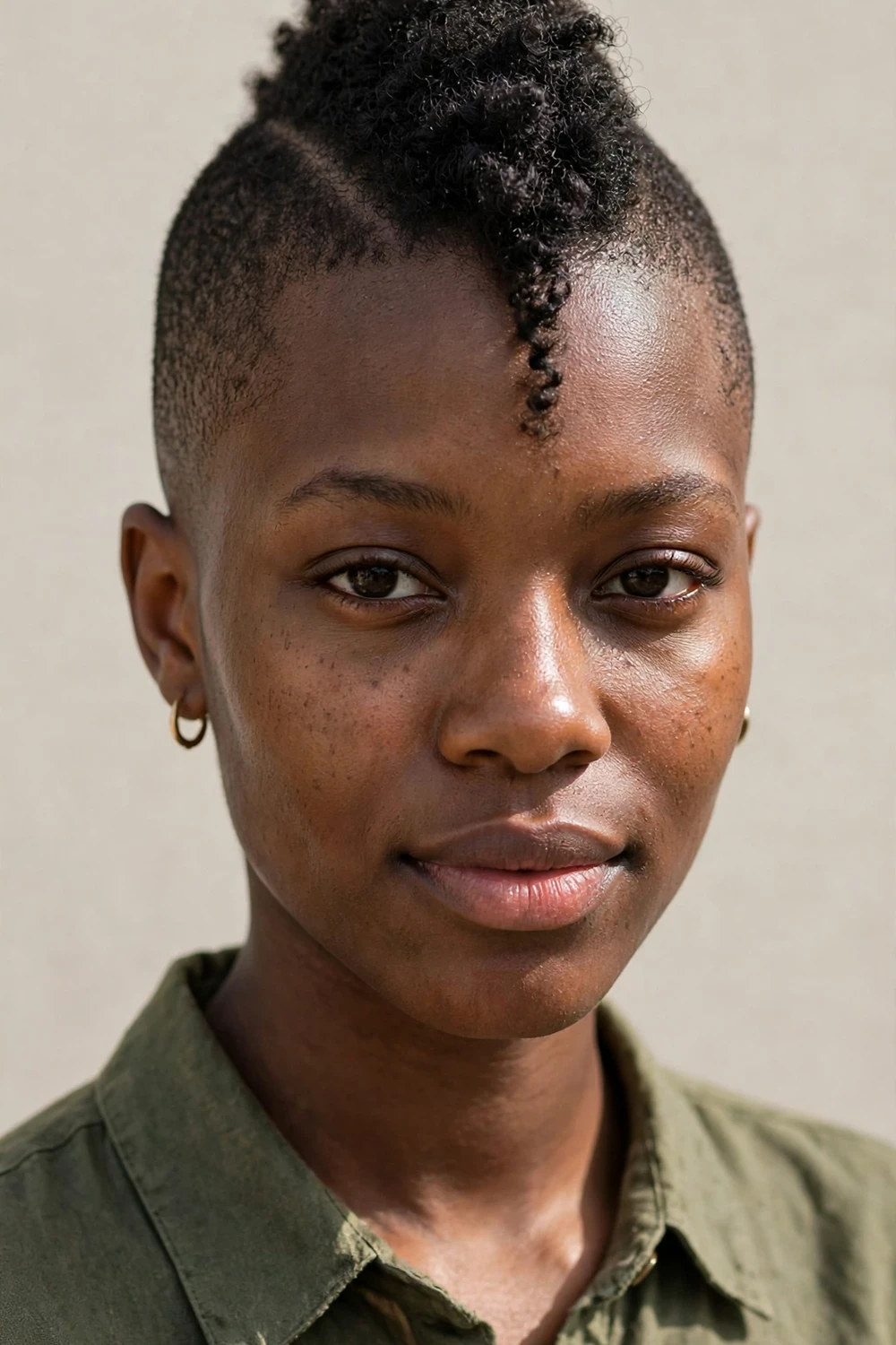 Black woman with a tapered frohawk, sides faded short with a strip of curls on top