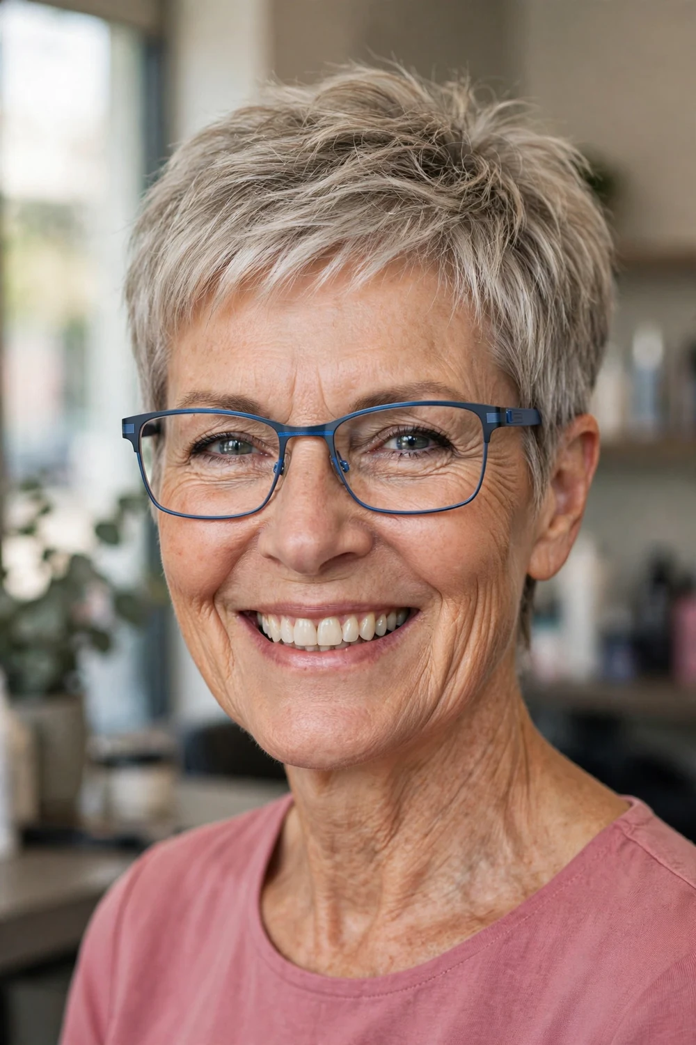 Tapered nape haircut on a woman over 60 wearing glasses
