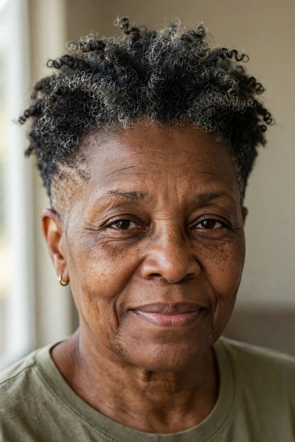 Woman over 50 with tapered natural coily layered hair