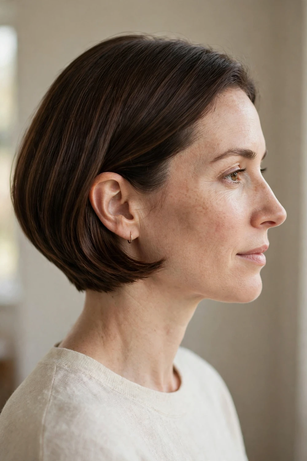 Woman with brunette hair in a tapered old money bob with smooth polished layers