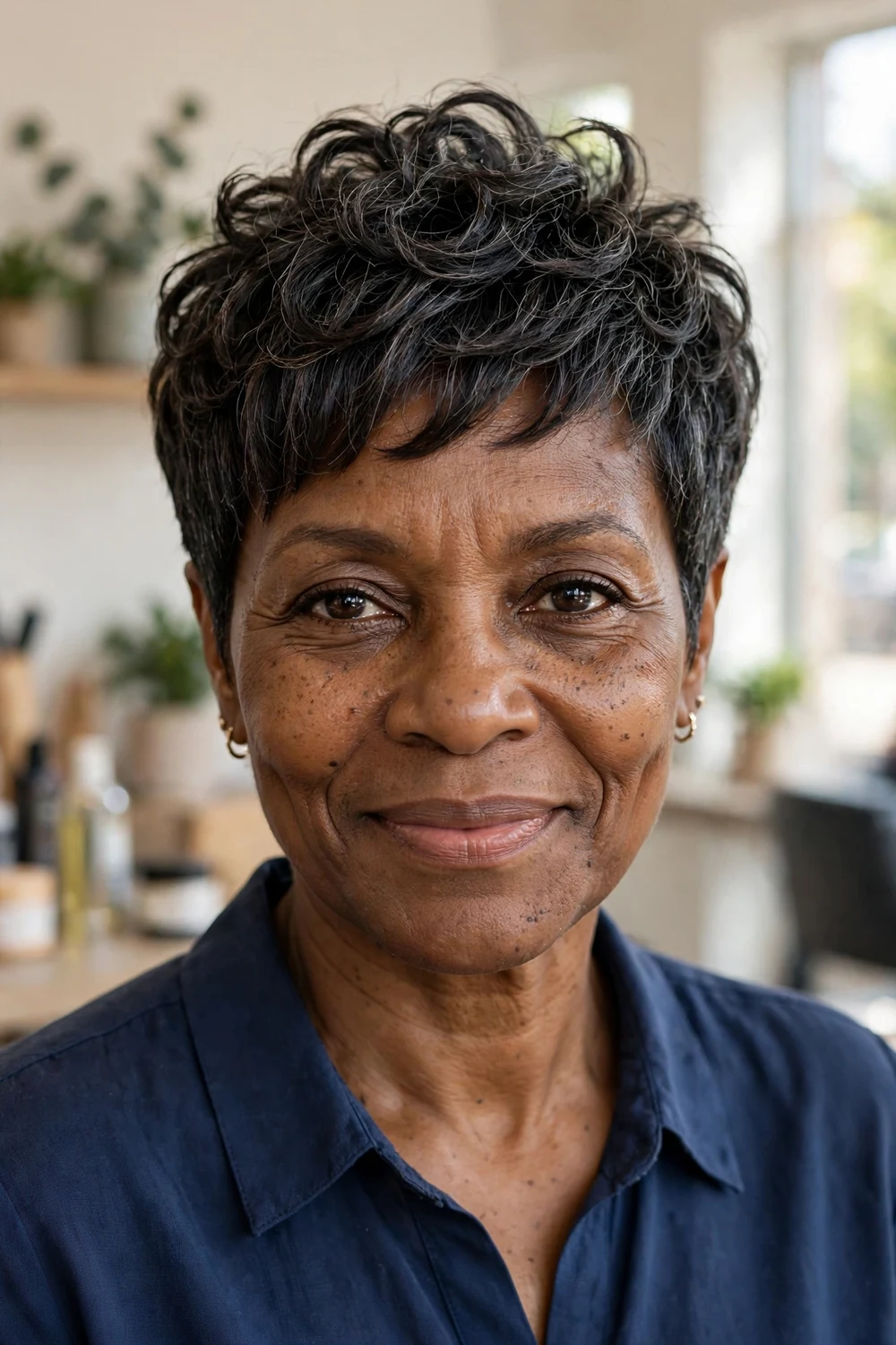 Woman over 50 with tapered pixie and choppy textured layers on top